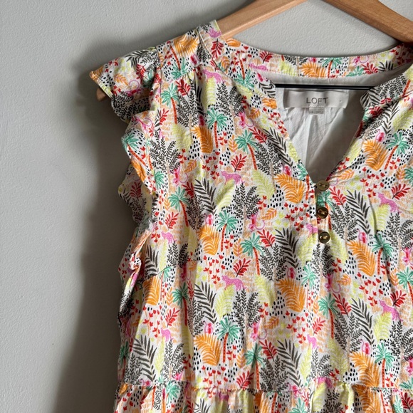 Loft Tropical Print Paradise Ruffle Short Sleeve Button Front Dress Size Small - Picture 6 of 7